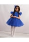 Kız Çocuk Abiye Saks Mavisi Parıltılı Tütü Etekli Kabarık Parıltılı Kloş Abiye Elbise