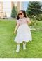 Kız Çocuk Karpuz Kollu Ayıcık Detaylı Çiçekli Keten Elbise