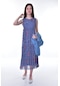 Kız Çocuk Kot Bolerolu Astarlı Şifon Uzun Koyu Mavi Çiçekli Elbise