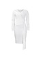 Ikkb Şık Büyük Beden V Yaka Uzun Kollu Kırık Beyaz Elbise
