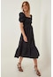 Kadın Siyah Volanlı Gögüs Gipeli Balon Kol Yazlık Bodrum Elbise
