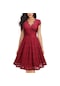 Kadın Vintage Dantel V Yaka Elbise - Kırmızı