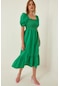 Kadın Yeşil Volanlı Gögüs Gipeli Balon Kol Yazlık Bodrum Elbise