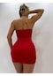 Kırmızı Mikro Straplez Toka Detaylı Mini Elbise-kırmızı