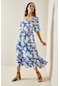 Xhan Mavi Desenli Gipe Detaylı Etek Ucu Fırfırlı Örme Elbise 5yxk6-48509-12