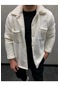 Unisex Normal Kalıp Cep Detaylı Düğmeli Kalın Pelüş Ceket-beyaz