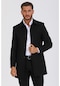 Erkek Siyah Dar Kesim Yün Karışımlı Kaşe Gömlek Yaka Palto Kaban-Siyah
