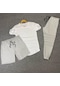 3'lü Slim Fit Unisex Tshirt - Şort - Eşofman Kombin Gri-beyaz Düz
