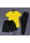 3'lü Slim Fit Unisex Tshirt - Şort - Eşofman Kombin Sarı Düz