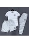 3'Lü SlimFit Unisex Tshirt-Şort-Eşofman Kombin Gri-Beyaz NY Baskı