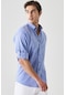 AC&Co / Altınyıldız Classics Erkek Saks Mavi Comfort Fit Rahat Kesim Düğmeli Yaka Casual Keten Gömlek 4A2022200085SKSXL