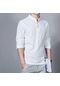 İkkb Erkek Moda İki Düğme Dik Yaka Keten Gömlek Beyaz