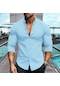 Ikkb Yeni Erkek Düz Renk Uzun Kollu Günlük Yaka Gömlek Açık Mavi