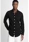 Tudors Slim Fit Uzun Kol Biyeli Yaka Düğmeli Keten Erkek Siyah Gömlek-26926-siyah