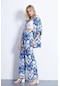 Kadın Mavi Şal Desenli Bol Paça Palazzo Alt Üst Kimono Takım