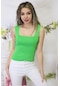Kadın Fıstık Yeşili Kare Yaka Triko Atlet Bluz Crop Standart