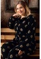 Büyük Beden Polar Düğmeli Battal Kadın Pijama Takımı Siyah