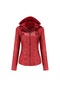 Kadın Kapüşonlu Çıkarılabilir Pu Deri Ceket-kırmızı