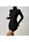 Kadın Sonbahar Kısa Örgü Elbise Uzun Kollu Yüksek Boyun Düz Renk Bodycon Parti Elbise - Siyah Siyah