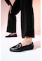 Luvishoes Avino Siyah Cilt Kadın Taşlı Kadın Loafer Ayakkabı