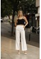 Feela Moda 1002 Beyaz Palazzo Beli Lastikli Cepli Dokuma Kadın Pantolon-beyaz