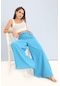 Geniş Kemerli Bol Paça Düz Keten Kadın Pantolon - Açık Mavi-açık Mavi