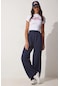 Trend Alisse Beli Cırtlı Pileli Bol Paça Palazzo Kadın Pantolon Lacivert