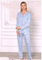 Boydan Düğmeli Uzun Kol Çiçekli Anne Pijama Takımı Mavi