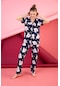 Kadın Düğmeli Desenli Pijama Takımı Koyu Lacivert 1974 Waynap