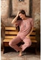 Lukitus Bambu Pamuk V Yaka Kısa Kol Kadın Pijama Takımı Pudra