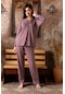 Lukitus Bambu Puantiyeli Uzun Kol Kadın Pijama Takımı Mor