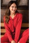 Uzun Kollu Boydan Düğmeli Kadın Pijama Takımı Düz Kırmızı