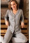 Uzun Kollu Pamuklu Boydan Düğmeli Kadın Pijama Takımı Gri