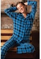 Uzun Kollu Polar Boydan Düğmeli Kadın Pijama Takımı Mavi Ekoseli