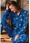 Uzun Kollu Polar Boydan Düğmeli Kadın Pijama Takımı Mavi Pandalı