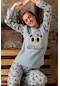 Uzun Kollu Polar Kışlık Kadın Pijama Takımı Mavi Pandalı