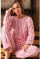 Uzun Kollu Polar Kışlık Kadın Pijama Takımı Pembe Çizgili