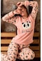 Uzun Kollu Polar Kışlık Kadın Pijama Takımı Pembe Pandalı