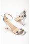 Büyük Numara Tek Bant Yılan Baskılı Rugan Gümüş Kadın Topuklu Sandalet-2978-gümüş
