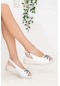 Hakiki Deri Tokalı Beyaz Kadın Dolgu Topuk Sandalet-1975-Beyaz
