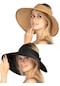 Kadın Geniş Siperli Fiyonklu Hasır Vizör Şapka 2'li Siyah Camel