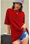 Kadın Kırmızı Oversize Celestial Sun Moon Baskılı T-Shirt - K2113
