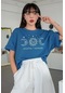 Kadın Petrol Mavisi Oversize Celestial Sun Moon Baskılı T-Shirt -
