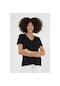Kadın Siyah V Yaka %100 Pamuk Kısa Kollu Basic T-Shirt Siyah