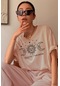 Kadın Somon Oversize Celestial Sun Moon Baskılı T-Shirt - K2113