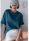 Petrol Yeşili Basic Düz Baskısız Oversize Salas Boyfriend Kadın T-shirt