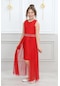 Kız Çocuk Abiye Elbise Mezuniyet Kıyafeti Belden Tüllü-Kırmızı