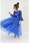 Kız Çocuk Güpür Dantel Desenli Tarlatanlı Mavi Abiye Elbise Gelinlik