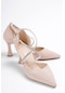 Floransa Bej Saten Taşlı Sivri Burun Günlük Kullanım Topuklu Ayakkabı
