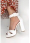 Kadın Hermes Beyaz Çapraz Bantı  Platform Topuklu Ayakkabı